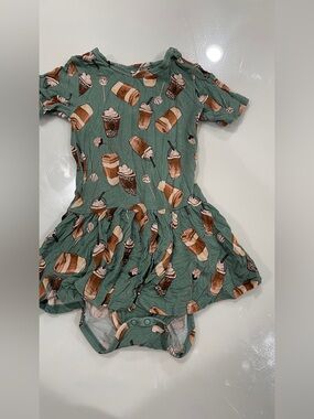 Green Coffee Print Baby Dress Onesie